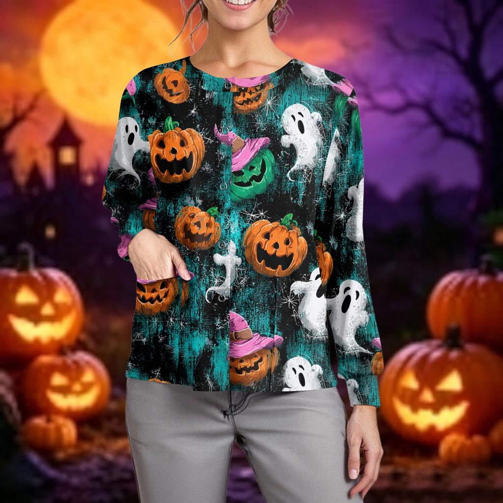 Women's Casual Long Sleeve Cardigan Button Down Lightweight Knit Halloween Printed Open Front Sweater Top for Caregivers and Everyday Wear
