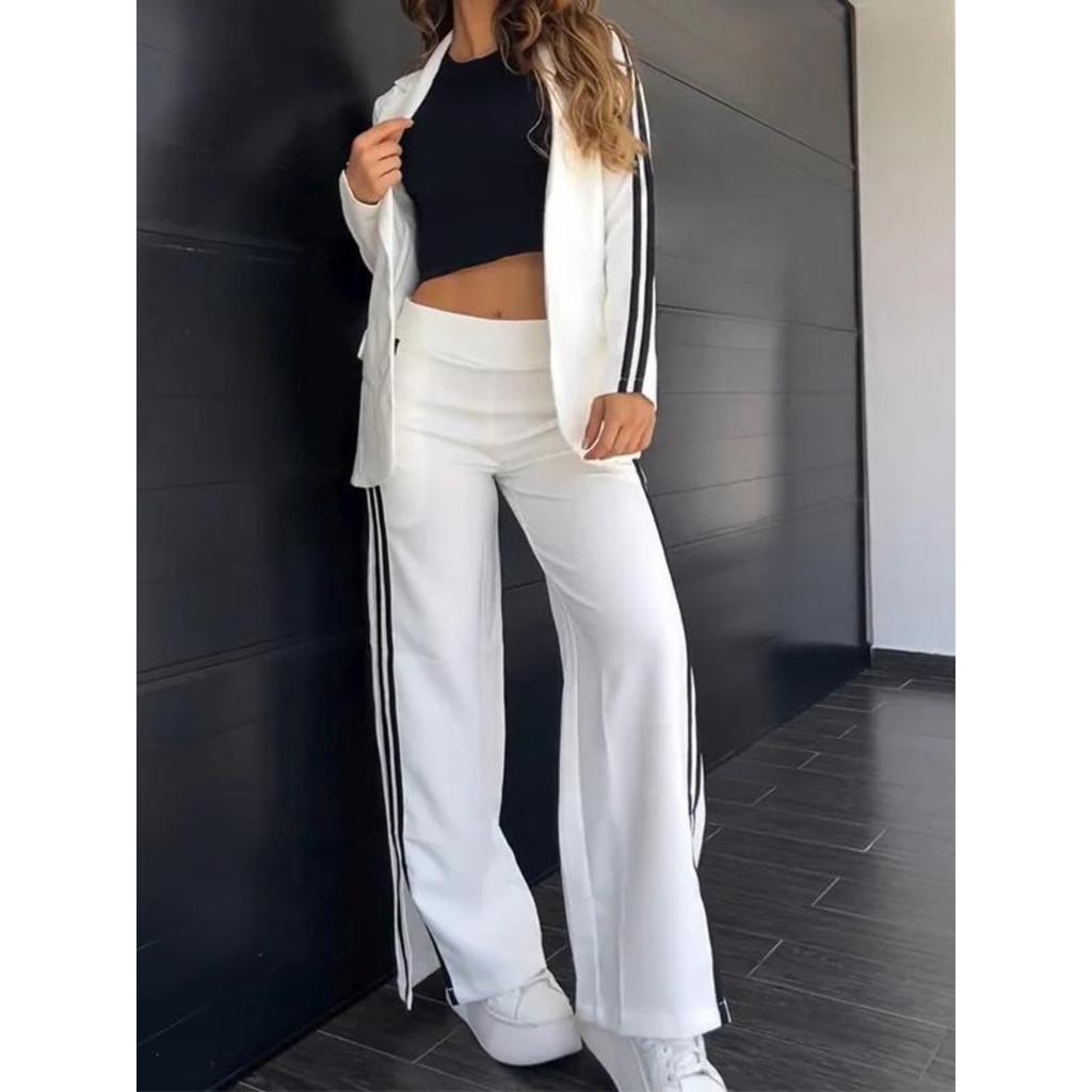 Women's Turn Down Collar Long Sleeve Loose Fit Blazer Two Piece Outfit Side Stripe High Waist Wide Leg Pants Casual Tracksuit Set