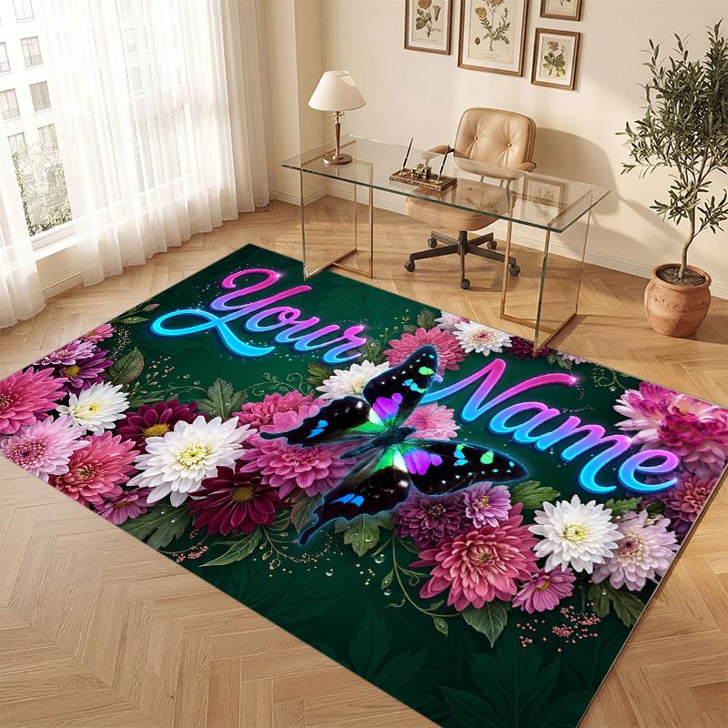 Butterfly Theme Crystal Velvet Floor Rug Personalized Custom Name Text Warm Carpet Home Decoration