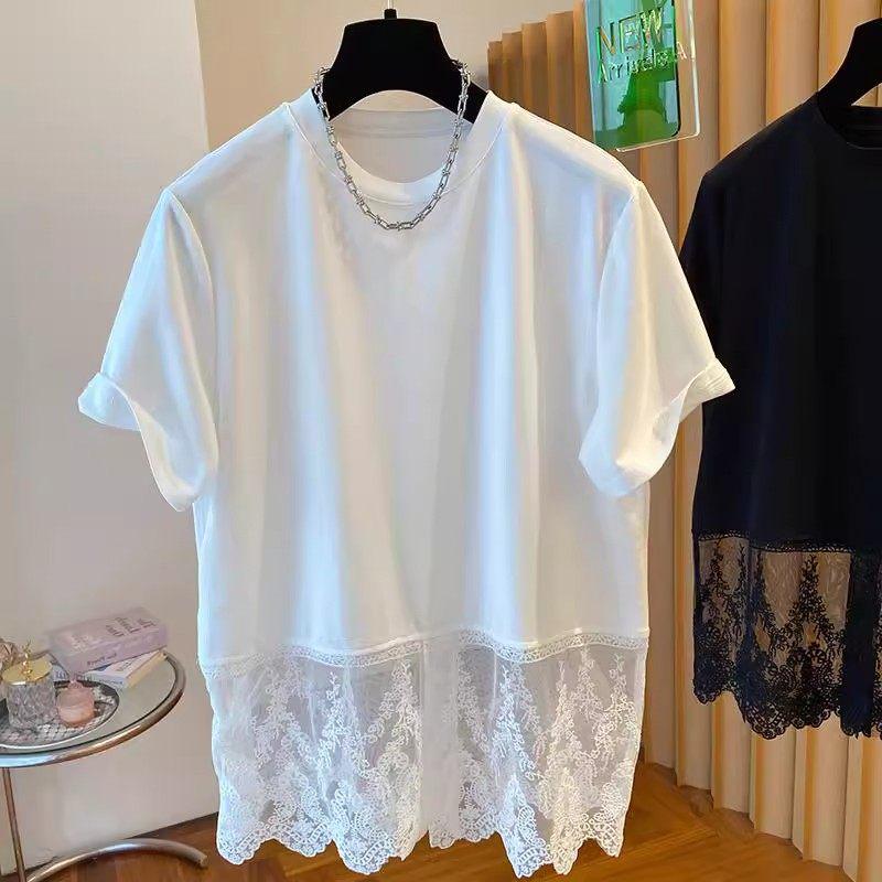 European-Style Lace Splice Short Sleeve Women s T-Shirt: Chic Summer Round Neck Top 2XL белый