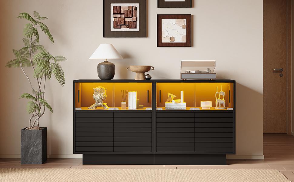 130*35*68cm Sideboard with 2 Cabinets, 4 Compartments, Glass Doors, Side Cabinet with LED Light, Living Room Cabinet with Lots of Storage Space