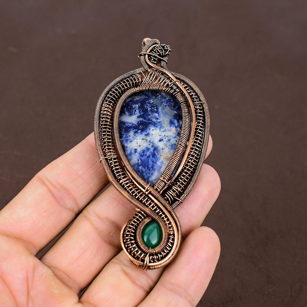 Natural Sodalite,Green Onyx Stone Handmade Copper Wire Wrap Pendant 3.74" Q3E19
