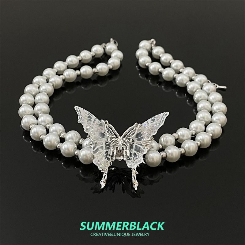 

Французское двухслойное жемчужное ожерелье-чокер с бабочкой для женщин, аксессуары для шеи, цепочка для ключицы, изысканное причудливое украшение Pearl butterfly necklace