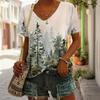 Women's V-neck T-shirt Summer Fashion Top Short-sleeved Ink Printing Pattern Loose Women's Outdoor T-shirt