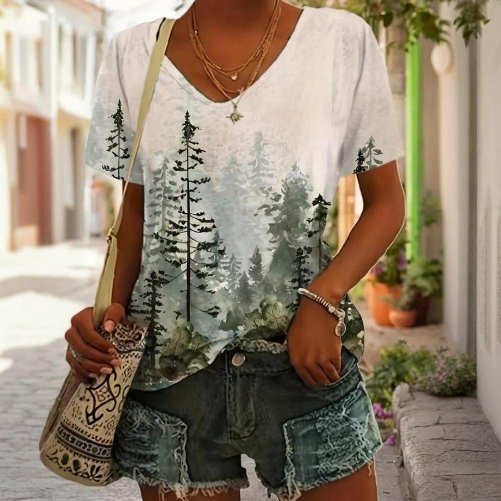 Women's V-neck T-shirt Summer Fashion Top Short-sleeved Ink Printing Pattern Loose Women's Outdoor T-shirt