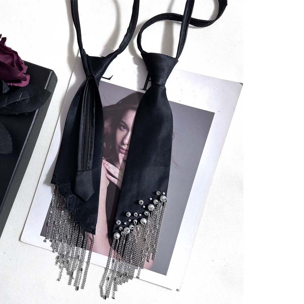Korean Style Pearls Tie Black Decoration Shirt Tie Elegant Hand-beaded Long Necktie  Students