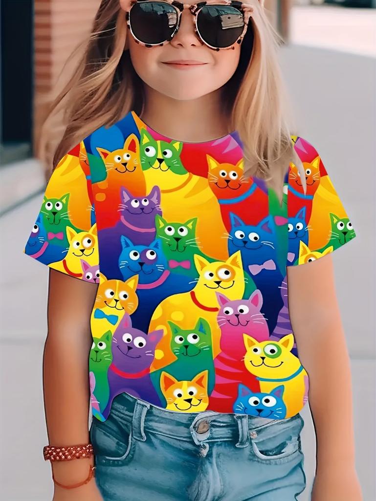 Colorful Catwoman T-shirt, cute design, summer short-sleeved 3D printed girls' top, fashionable casual street style children's clothing.
