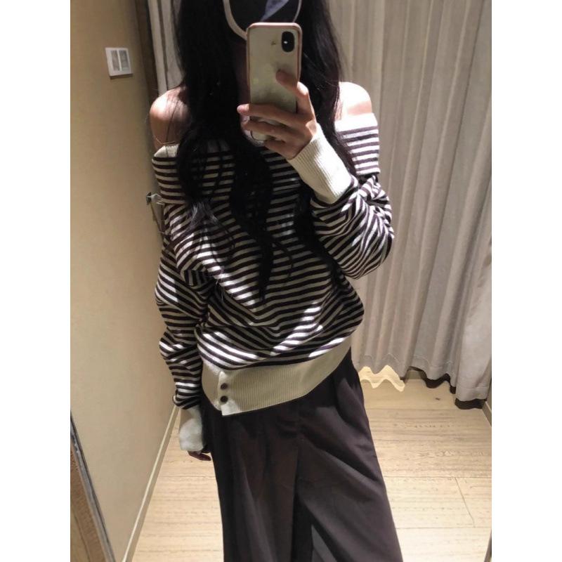 Korean Casual Retro One-Shoulder Striped Knitted Sweater for Women - Early Autumn 2025 Collection