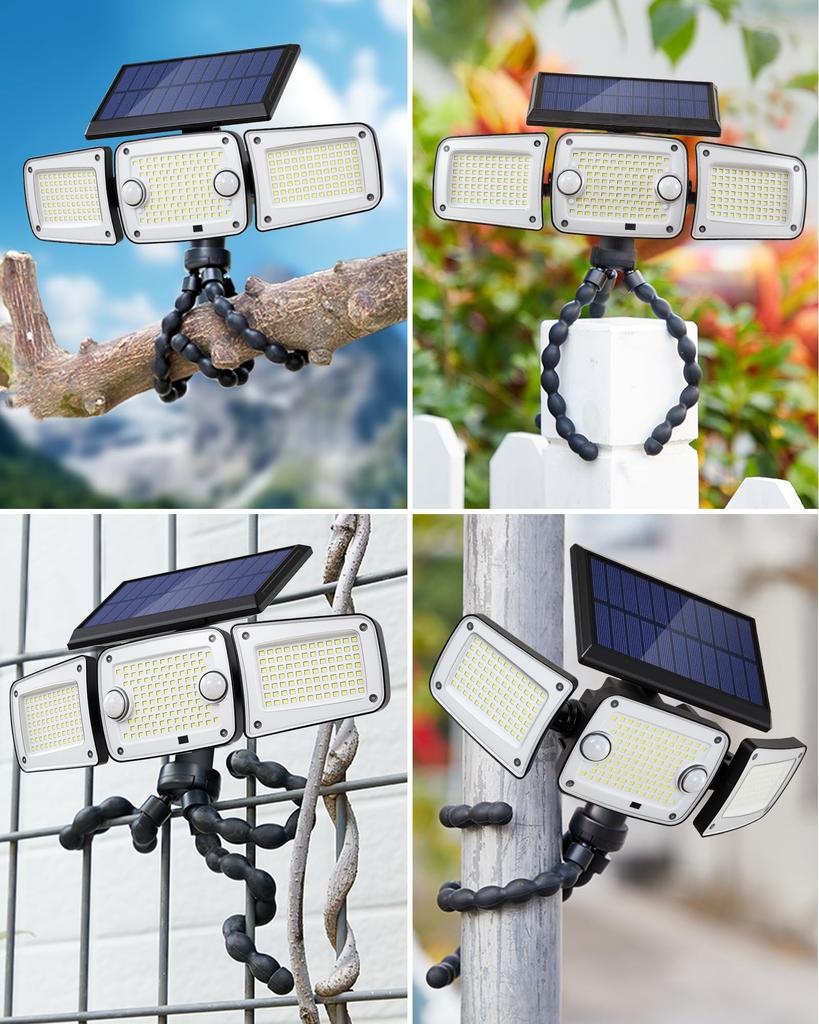LIFENGSOLER 262 LED Solarleuchte, Außenbereich, IP65 Wasserdicht, 3-seitige Beleuchtung, 2 Bewegungssensoren, Verstellbarer Winkel & Flexibles Stativ im Lieferumfang enthalten,
