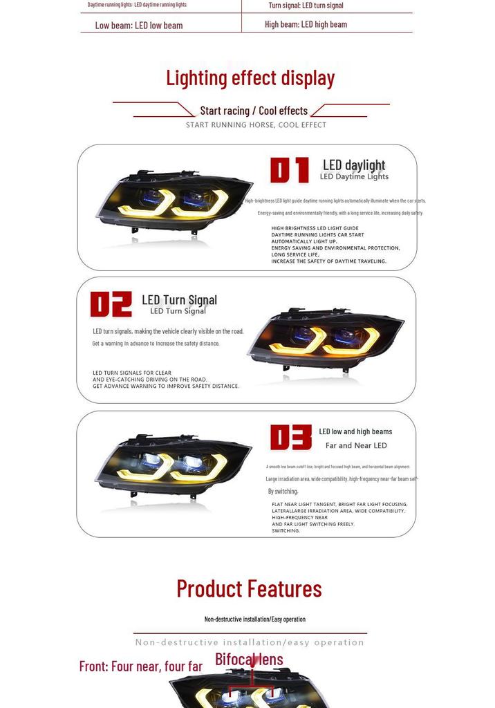 LED Projector Headlight Assembly with Bi-color DRL & Turn Signals for 05-12 BMW 3 Series E90