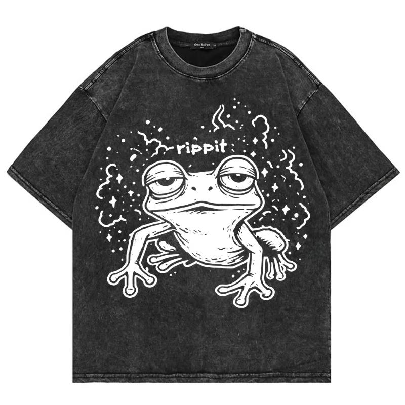 100% Cotton Vintage Washed Y2K Funny Rippit T Shirt Fashion Men/Women Aesthetic Retro Frog Oversize Loose Wash Tees Shirts