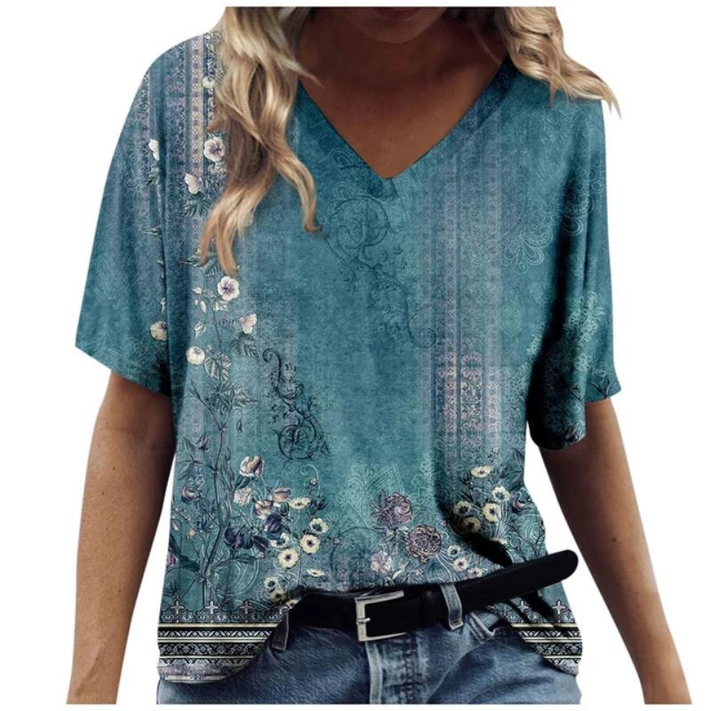 2024 Retro Women's V-Neck T-Shirt Short Sleeve Floral T-Shirt Casual Fashion Floral T-Shirt Street Korean Style Oversized Top