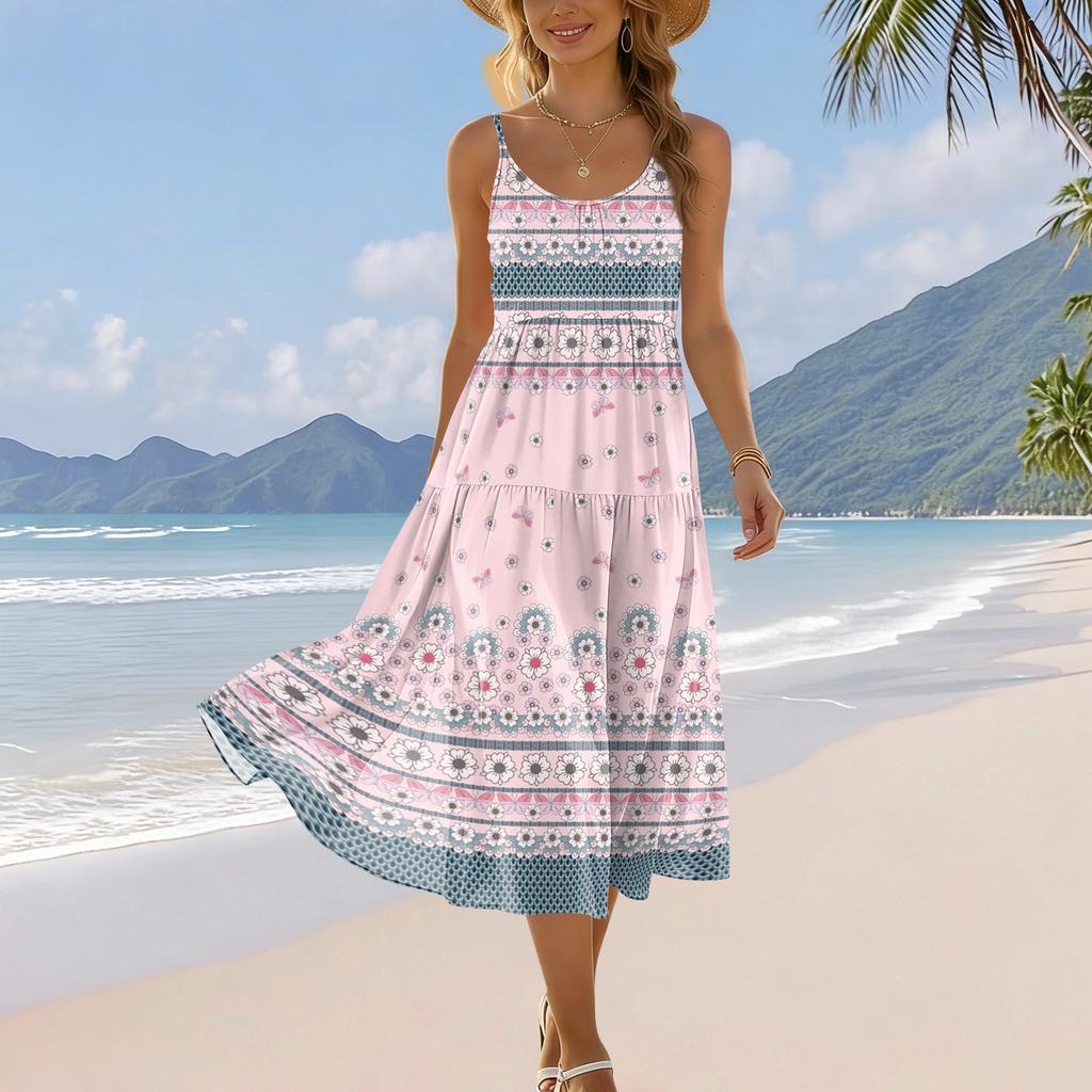 Women's Summer Fashion Printed Pocket Adjustable Shoulder Strap Bohemian Leisure Beach Resort Strap Dress