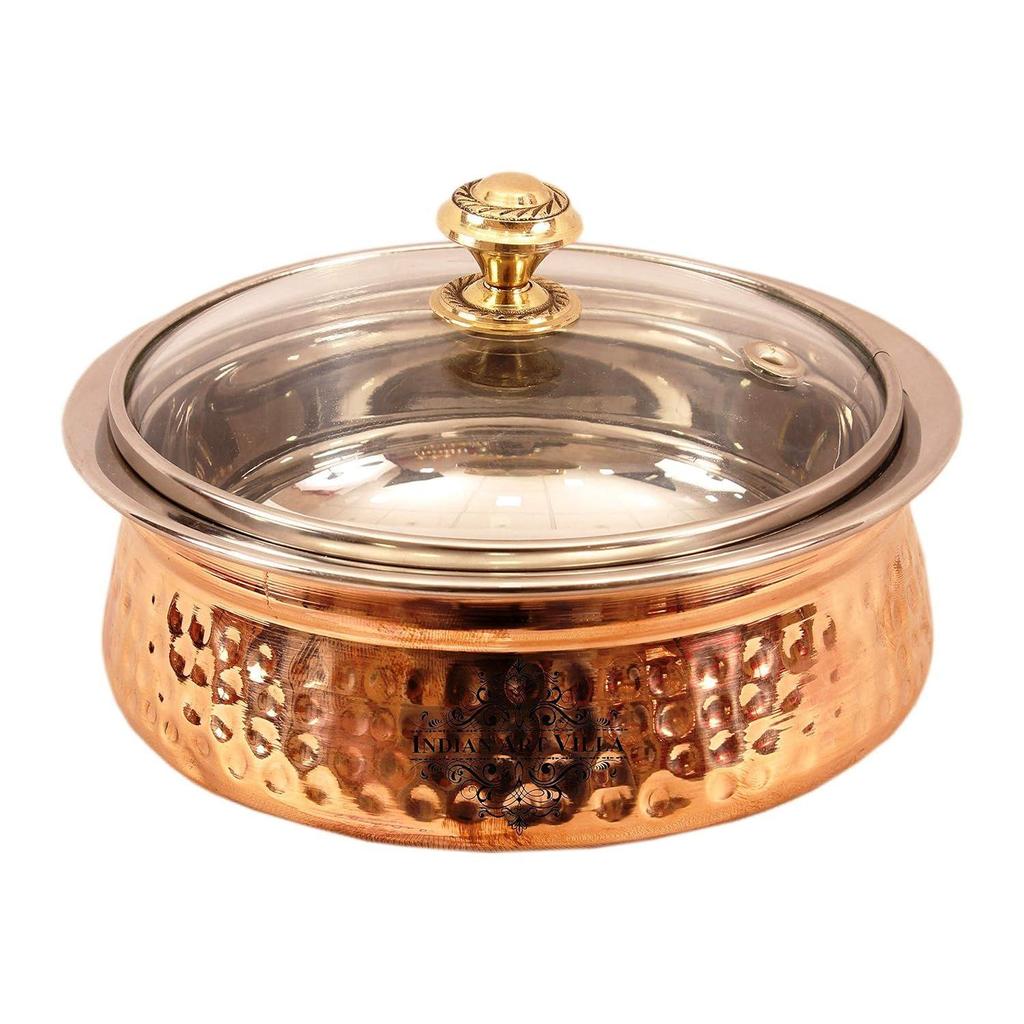 Steel Copper Serving Handi with Glass Lid 500 ML - Serving Dishes Chicken Briyani Vegetables Home Hotel Restaurant Tableware Dishware