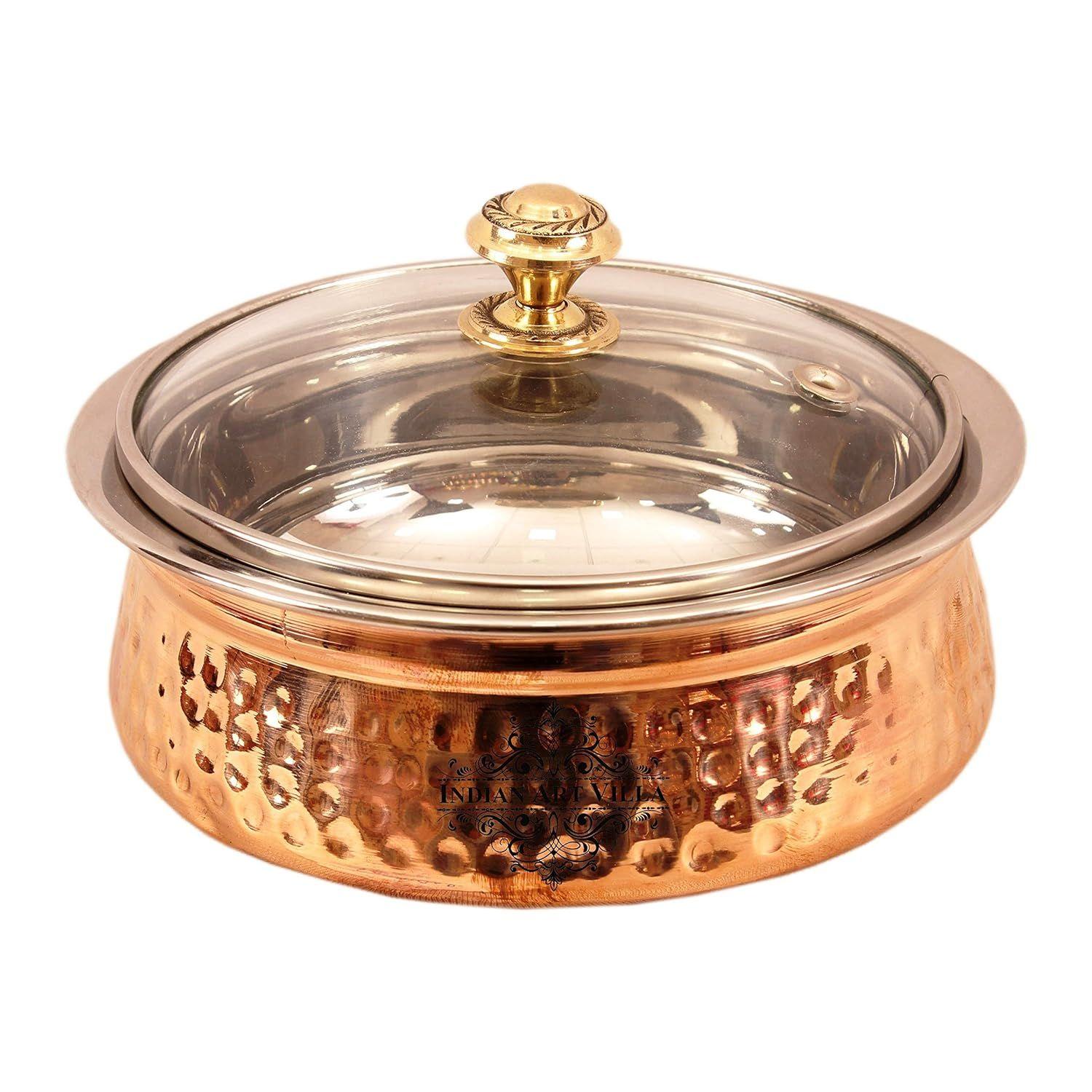 

Сталь Медь Сервировочный Ханди со Стеклянной Крышкой 500 МЛ - Сервировочная Посуда Курица Бирьяни Овощи Дом Отель Ресторан Посуда Посуда