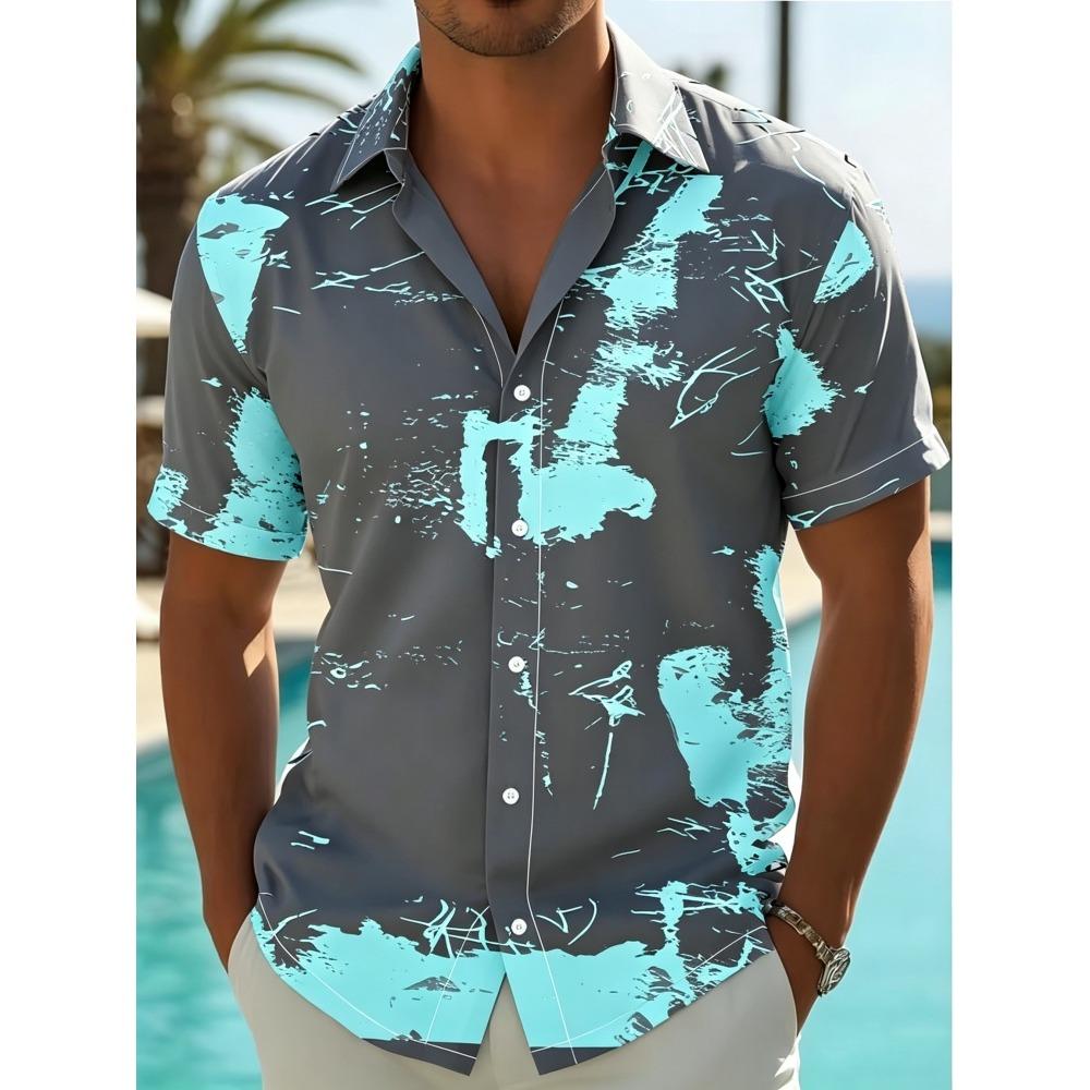 Men's Nightclub Style Colorful Splash Ink Casual Flower Shirt Trendy Laser Shattered Holiday Party Short Sleeve Shirt