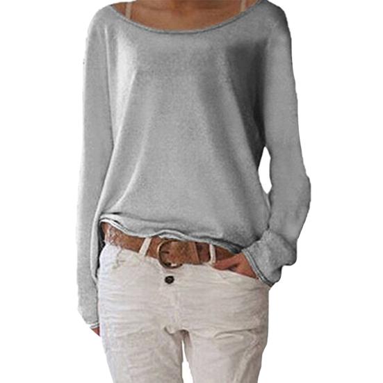 Solid Color Casual Round Neck Long Sleeve Women Knitted T-shirt Bottoming Top