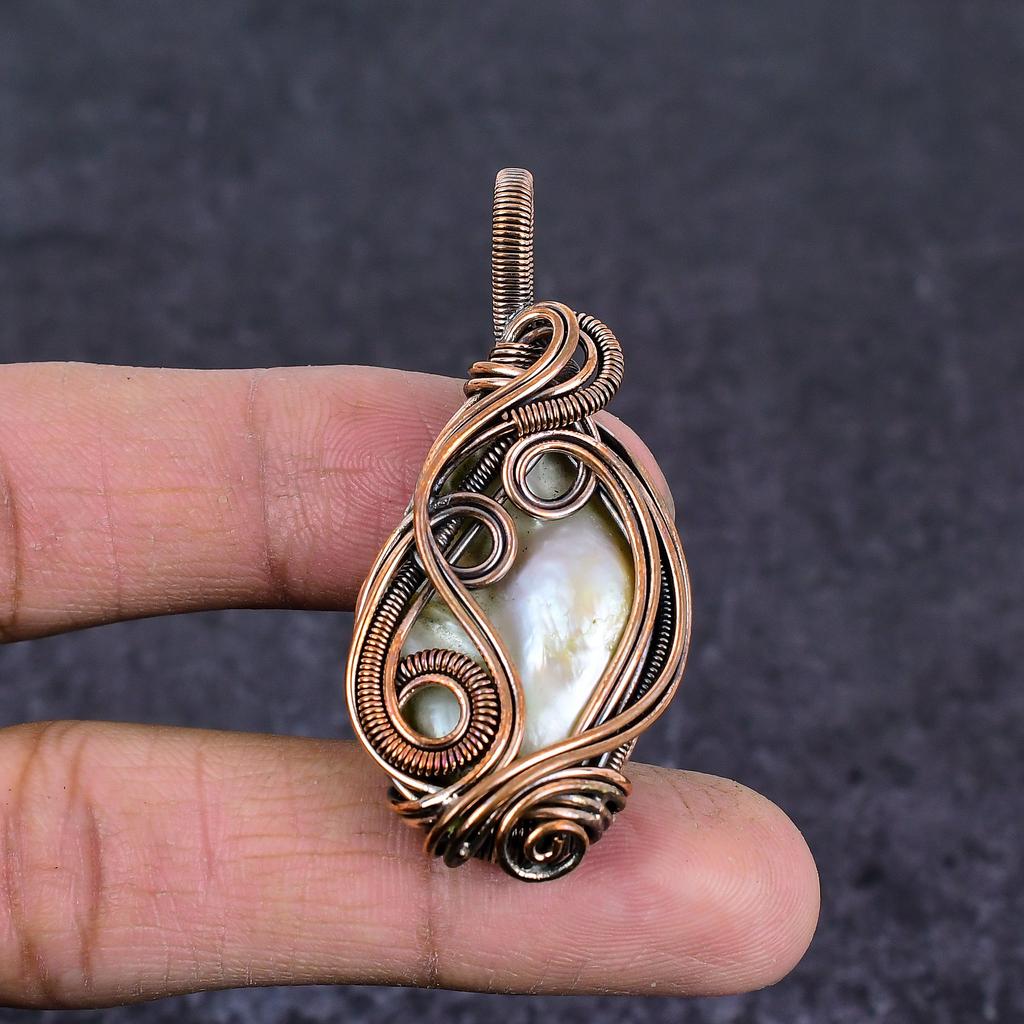 Biwa Pearl Handmade Copper Wire Wrap Jewelry Pendant 2.21" E9b18
