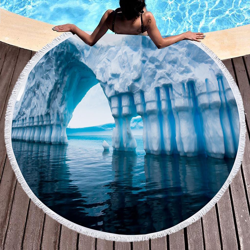 Antarctic Iceberg Round Beach Towel with Tassels, Absorbent Quick Dry Circle Pool Towel Roundie Yoga Meditation Mat Picnic Rug