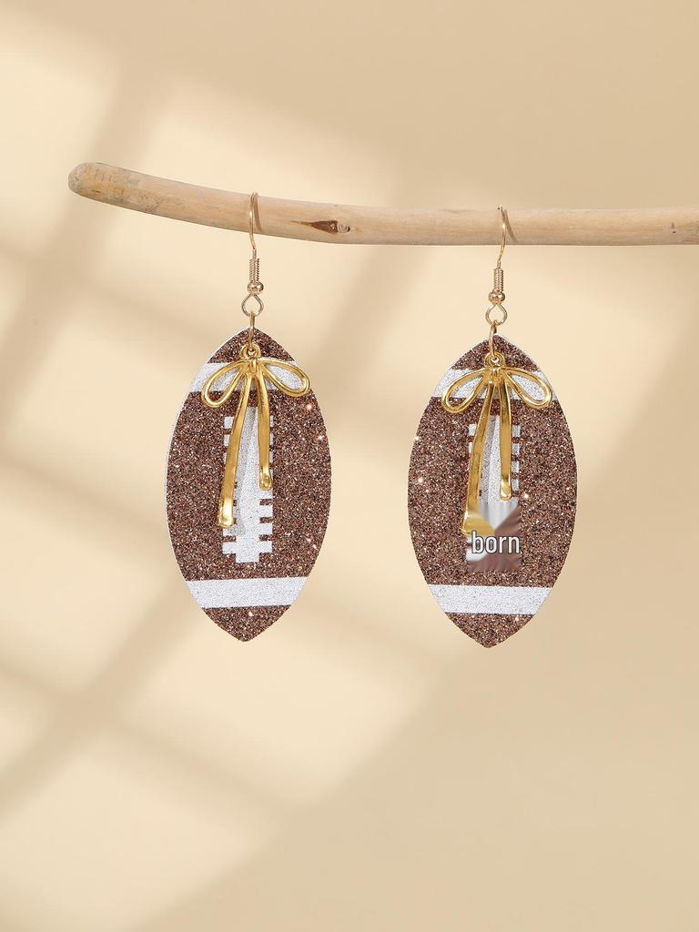 European-American Super Bowl Sporty PU Leather Football Earrings with Alloy Bowknot