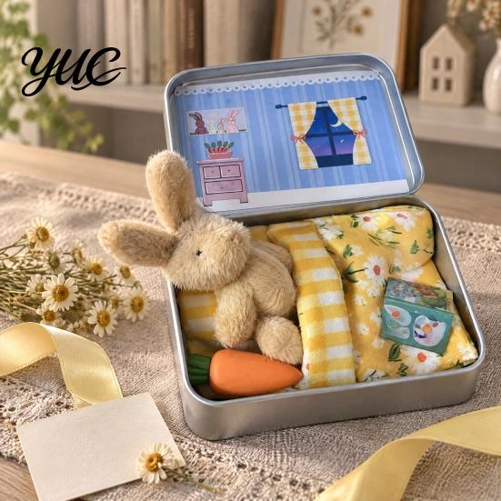 Small Animal Figurine with Tin Box Little Pocket Bunny Plush Toy in Box, Mini Stuffed Rabbit Cute Desktop Ornament for Kids Accessories, Portable