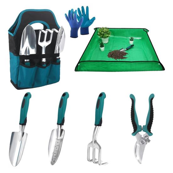 1 Set Attrezzi da Giardinaggio Ergonomici Paletta Manuale Rastrello Cesoia a Bypass Guanti Tappetino per Trapianto Attrezzi Manuali Robusti con Borsa Trasportabile per Giardinaggio Domestico