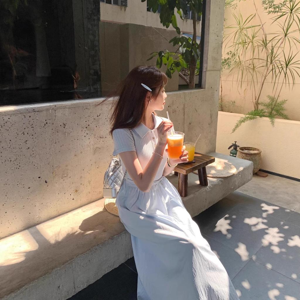 Temperament College Style Strap Waist Thin Dress Women's Summer New Polo Collar Short-sleeved Long Skirt
