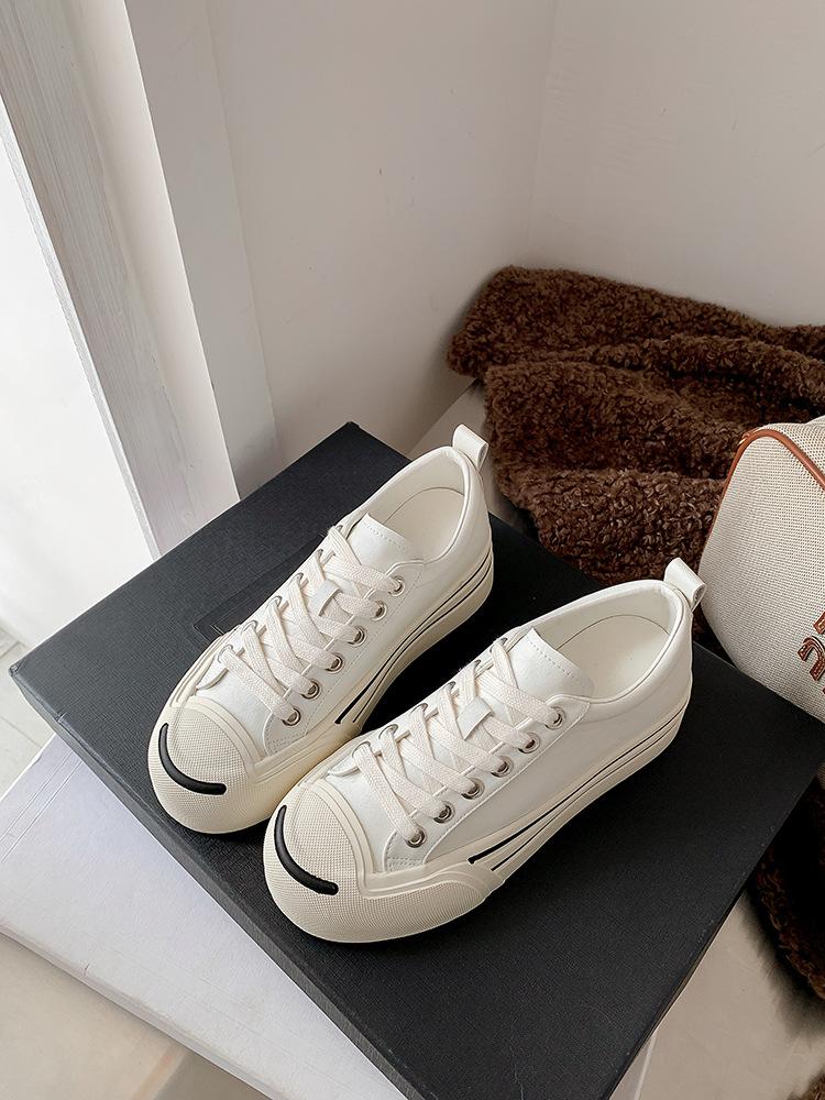 Cowhide version open smile leather inner height increase white shoes women's versatile thick sole breathable feet small sports casual board shoes