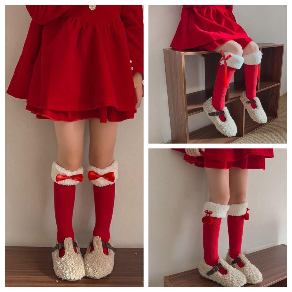 Casual Female Hosiery New Year Red Socks Cotton Thicken Children Red Socks Bow Floor Socks Middle Tube Socks For Girl