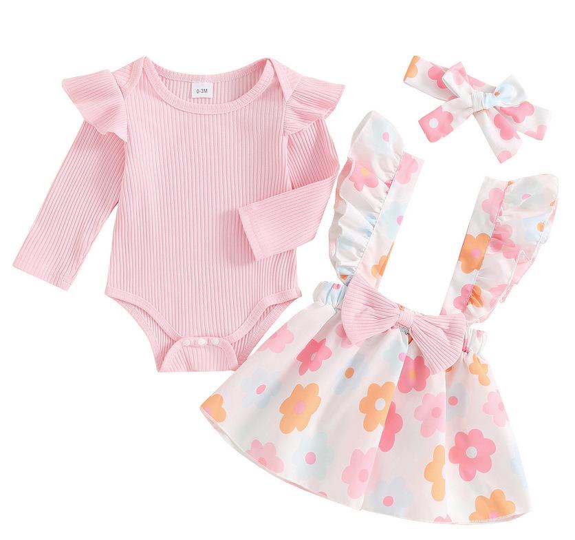 European & American Pastoral Style Infant Romper 3-Piece Set: Bow Floral Suspender Skirt