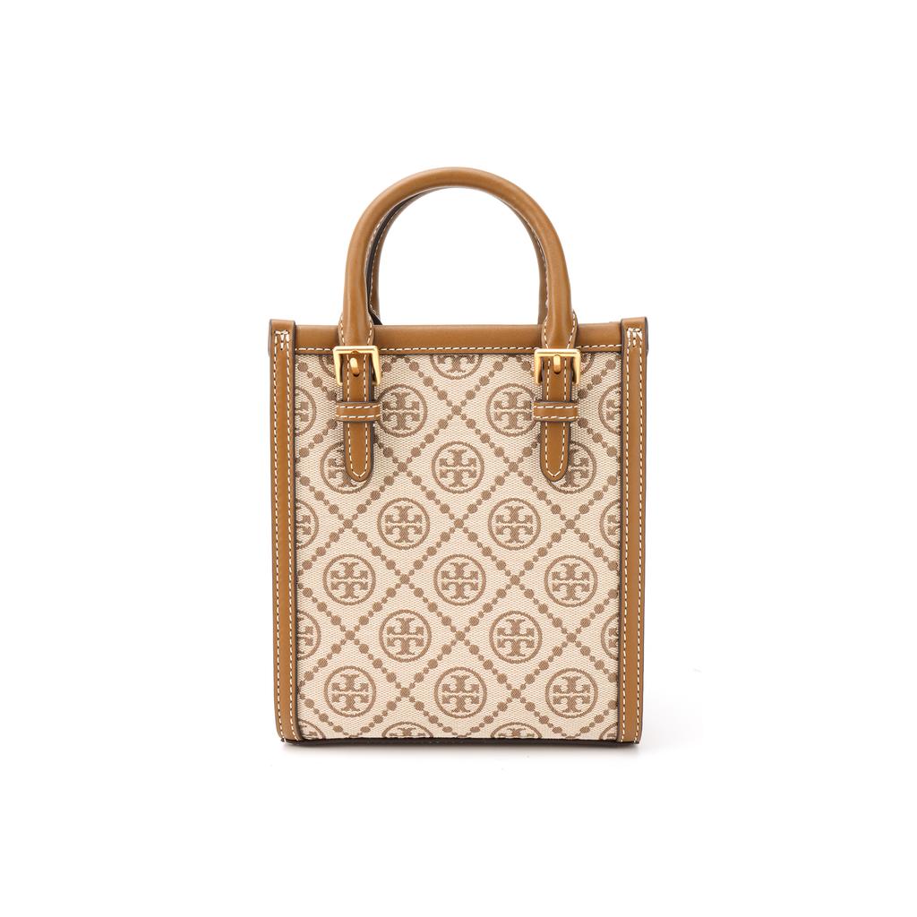 Tory Burch T Monogram Iconic Geometric Style Double T Logo Jacquard Leather Tote Bag Unisex Tote Bags Light-Brown 87146-371
