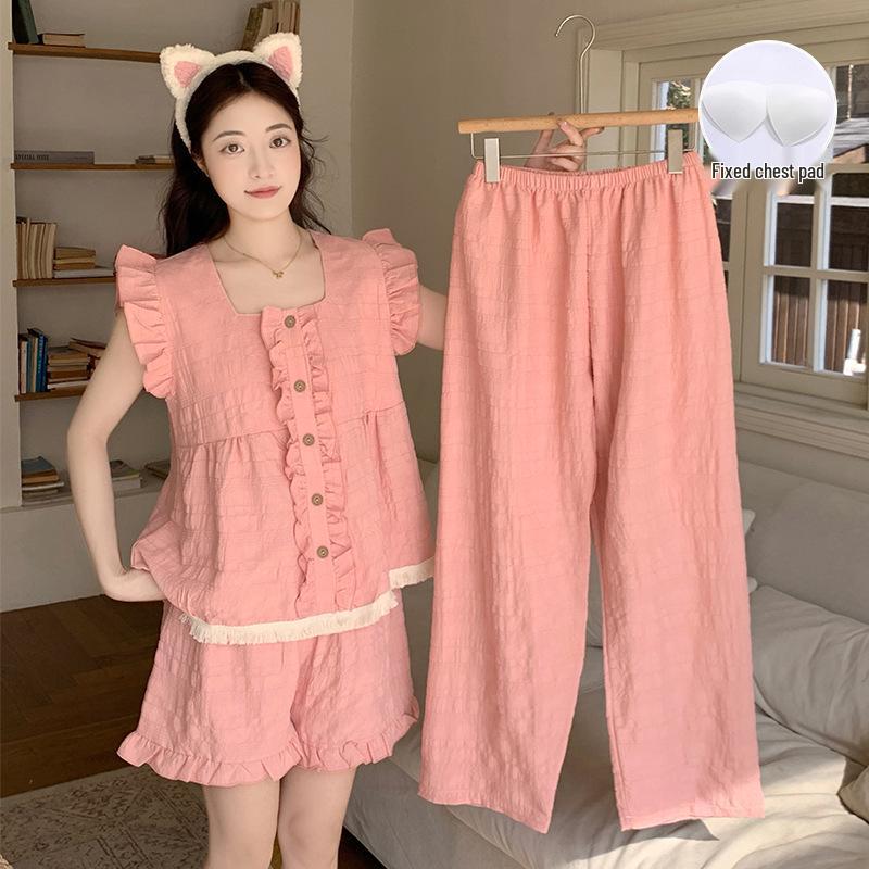 

2026 Women s Cloud Cotton Three-Piece Pajama Set: Chest-Padded Short-Sleeve Top, Shorts & Long Pants Medium