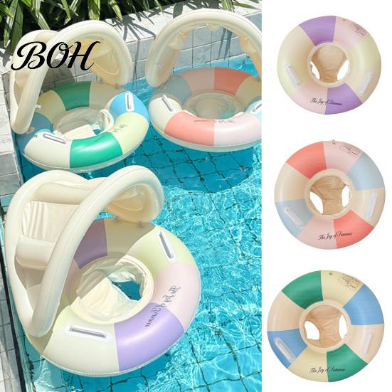 Lightweight Swim Float Baby Pool with Canopy, Vintage Striped Inflatable Ring Safety Seat & Handle, Sun Protection Swimming for Toddler Kids