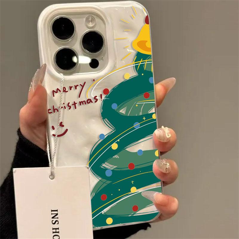 Case For iPhone 16 15 14 13 12 11 17 Pro Max Plus Cartoon Christmas Tree Folds Texture Soft Phone Cover For iPhone 17 Air Funda