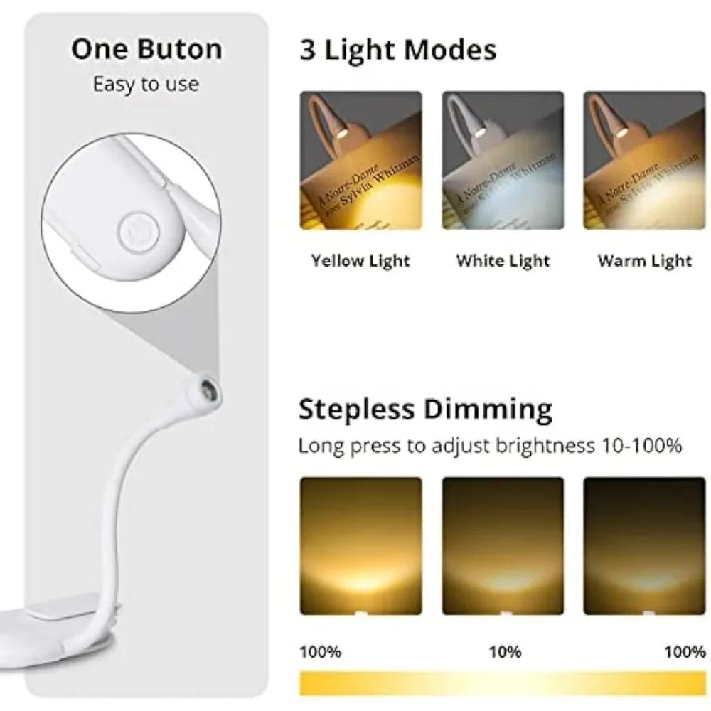 

Portable LED Book Lights USB Rechargeable Eye Protection 3 Color Night Light Mini 360°Clip-On Desk Reading Lamp Travel Bedroom чёрный