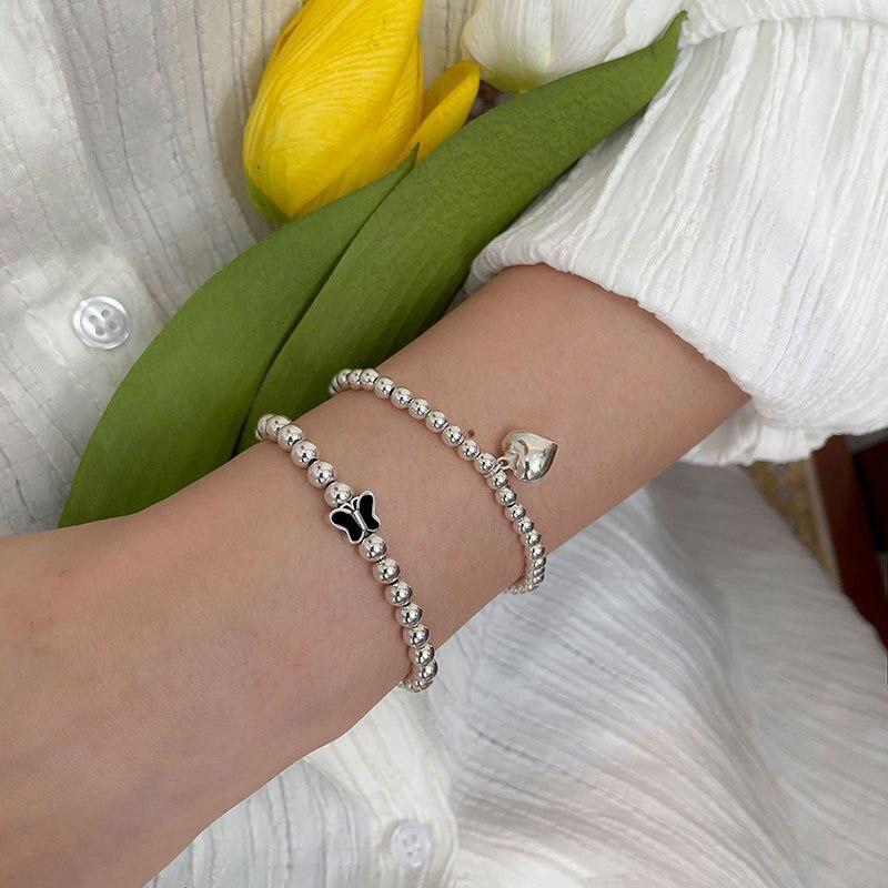 925 Sterling Silver Simple Design Bracelet Butterfly Love Heart Round Beads Hand Jewelry Women Fashion Exquisite Gifts