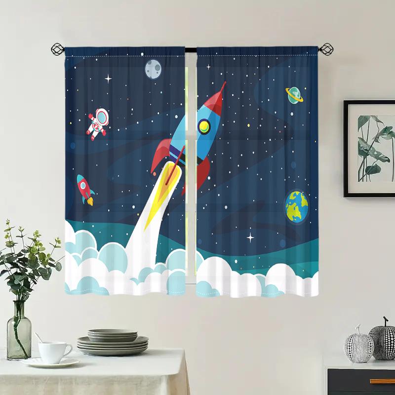 2 pieces, Galaxy Rocket Outer Space Astronaut Planet Starry Sky Curtain - Living Room, Bedroom, and Other Home Decoration