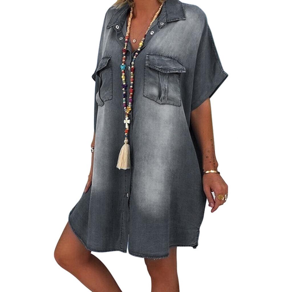 Color Womens Fashion Casual Solid Lapel Singlebreasted Panel Straight Shortsleeve Loose Pocket Shirt Dress