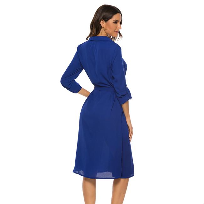 Fashion Women Belt Flared Sleeve Casual Dress Solid Color Shirt Collar V-neck Waist Tie Shirt Dress