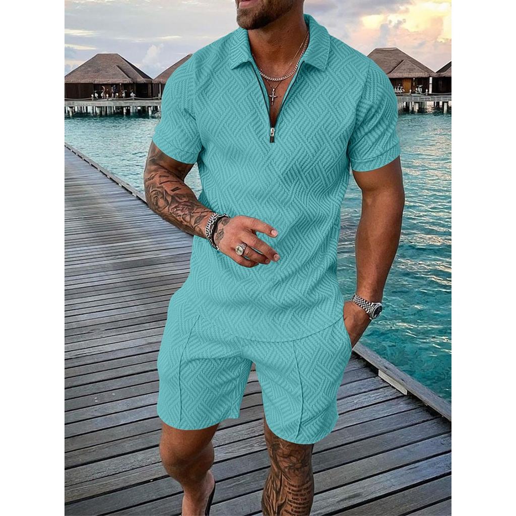 Men's Casual Contrast Color Short Sleeve Polo Shirt Set, Zip Collar Polo Outfit for European American, Dropshipping Independent Station Stock