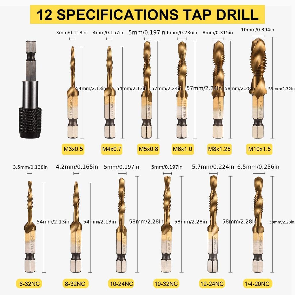 13pcs Drill Tap Bit Set 3in1 Titanium Coated Screw Tapping Bit Tool For Drilling, Tapping, With Quick-Change Adapter, SAE/Metric