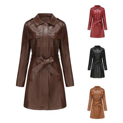 Neue mittellange Lederjacke mit Gürtel, langärmiger Leder-Windbreaker für Frühling und Herbst, modische britische Jacke für Damen