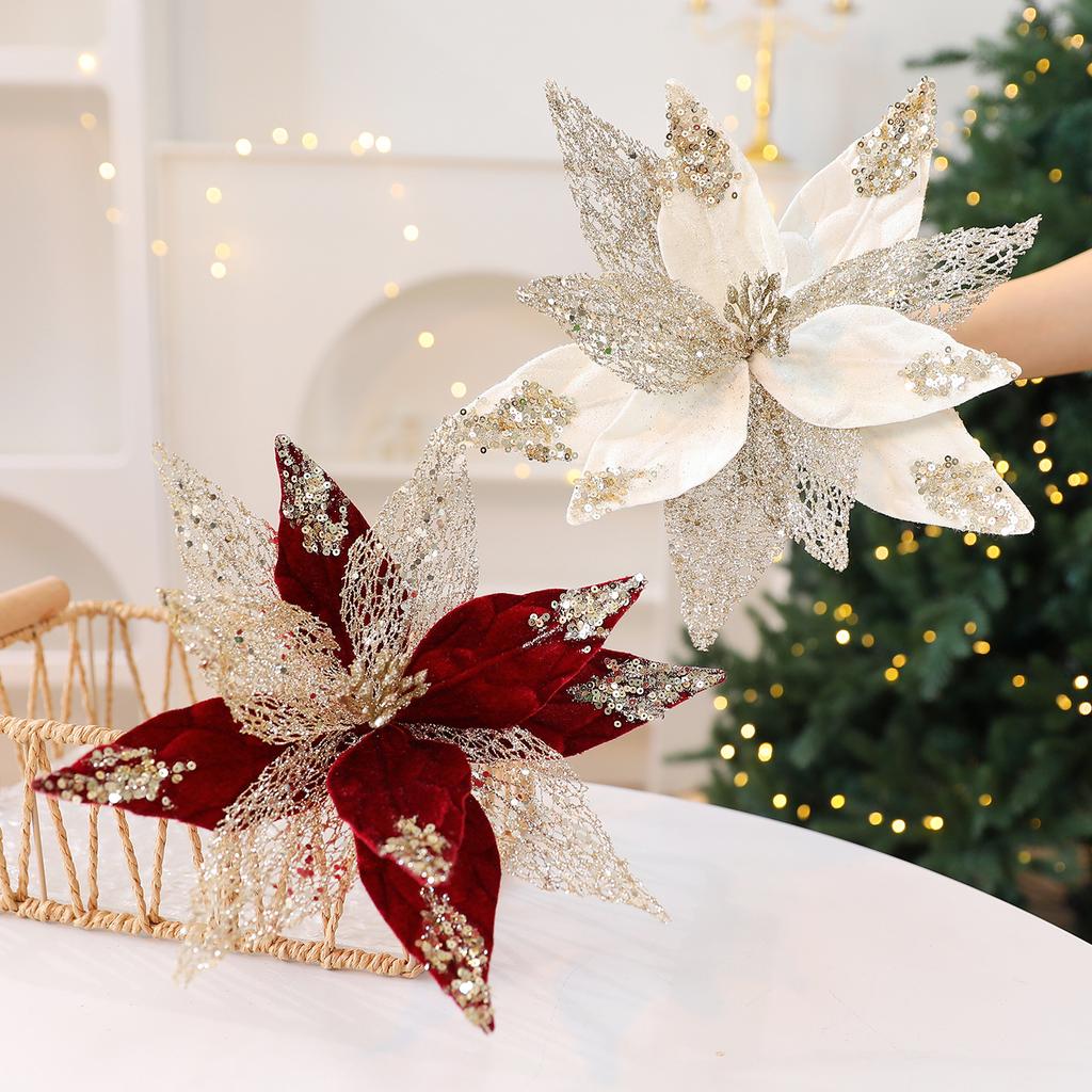 Large Glitter Artifical Christmas Flowers Merry Christmas Tree Decoration Happy New Year Ornaments Xmas Ornaments