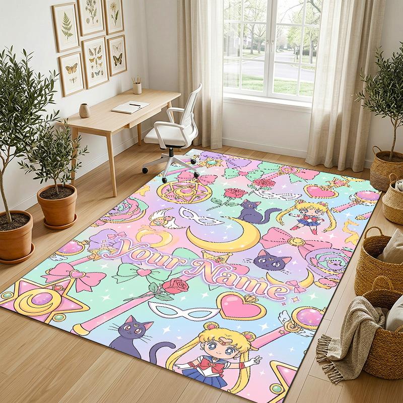 Personalized Crystal Velvet Carpet,Sailor Moon Custom Printed Name, Plush Area Rug For Home Indoor Decor