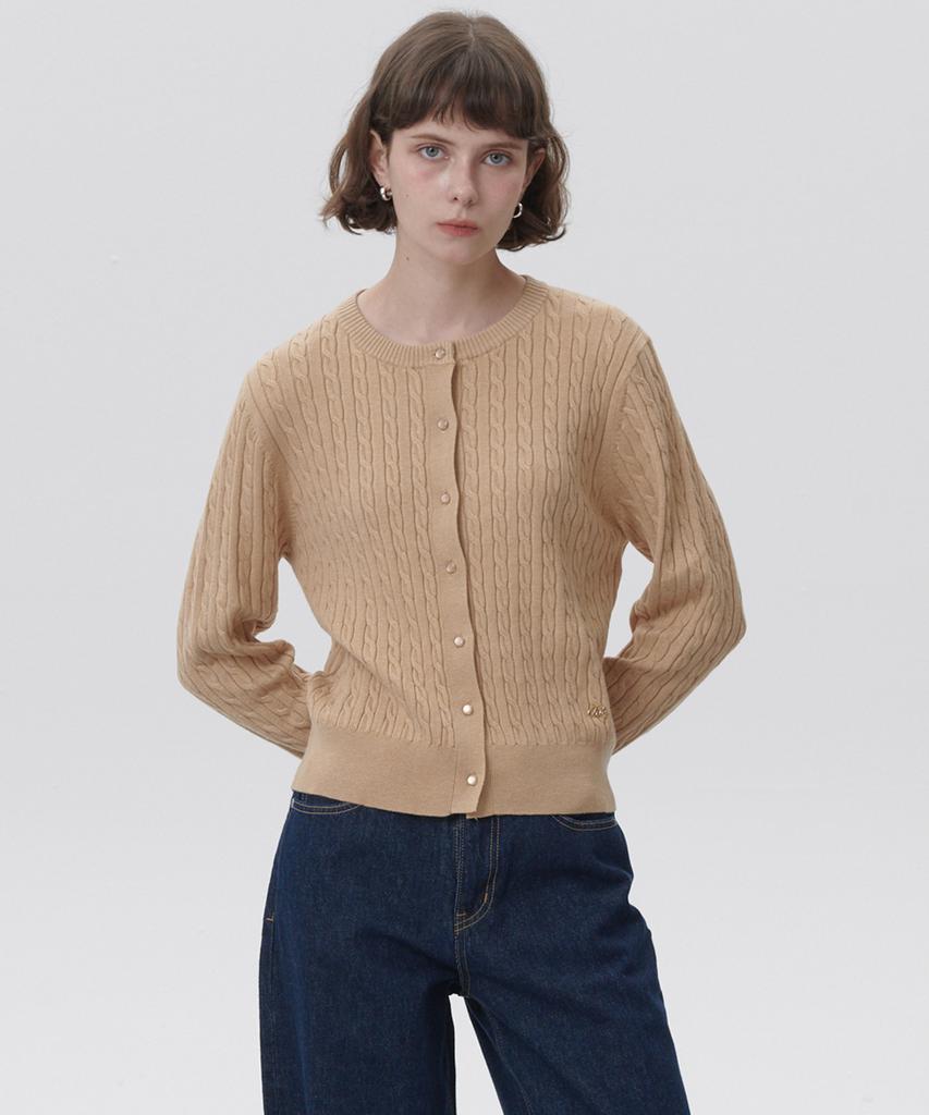 Plac Women Cable Round Neck Cardigan Beige