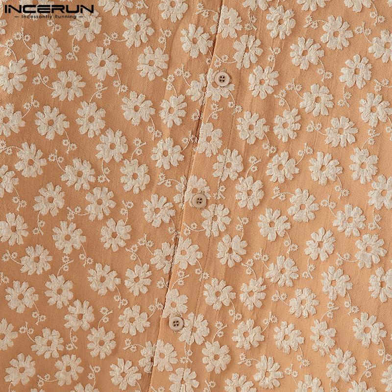 INCERUN Oversized Men Collarless 3/4 Sleeve Flowers Texture Casual Tunic Tops Shirts