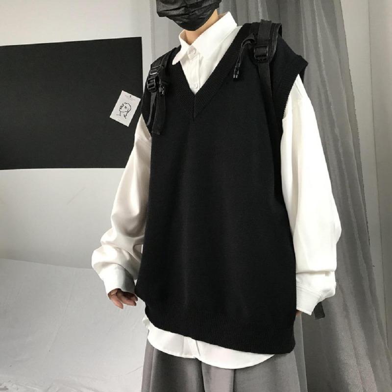 New Fashionable Thick V-neck Sleeveless Vest Sleeveless Sweater Cotton School Uniform Cotton Loose Knitted Vest Sweater For Men