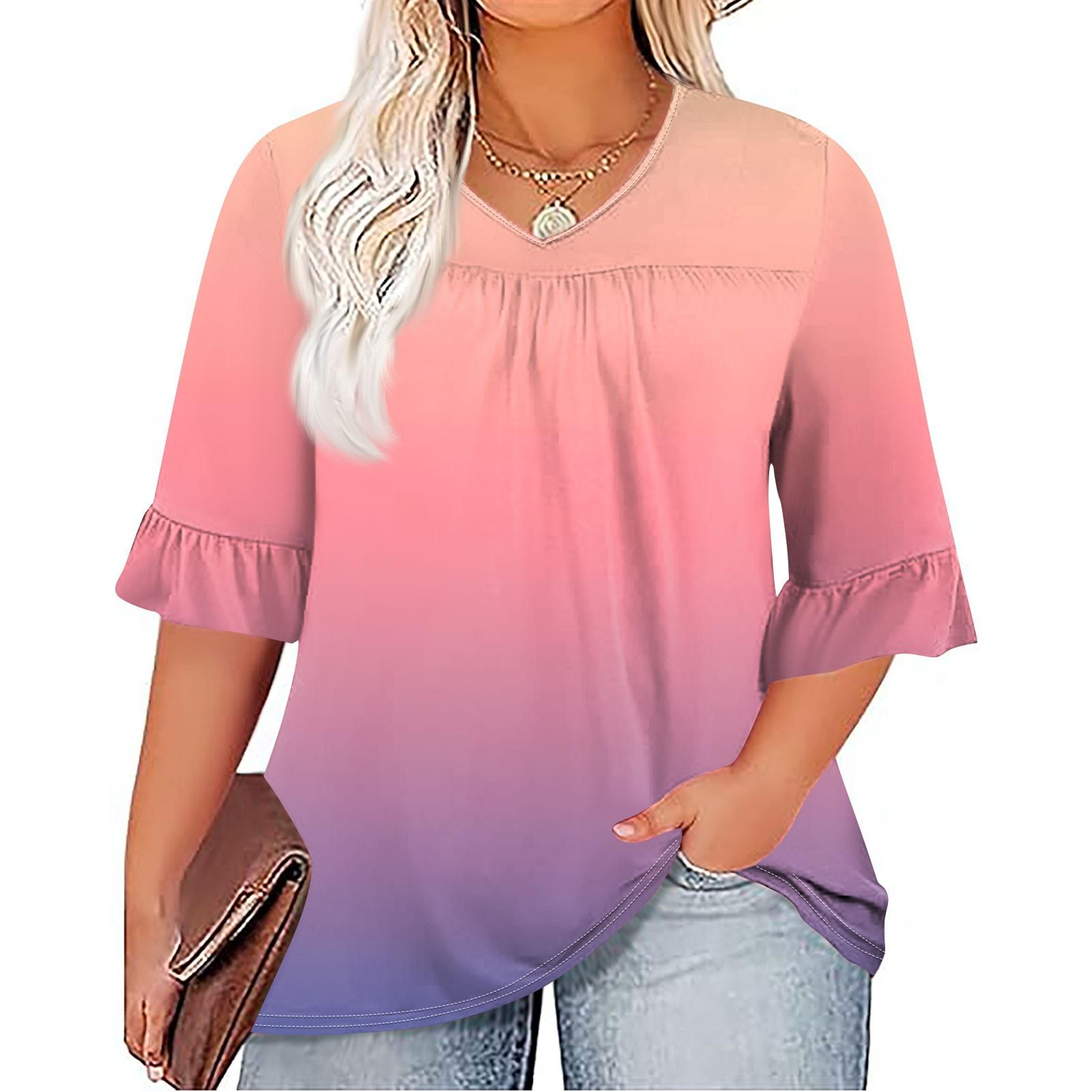 

Женская мода, повседневная плиссированная футболка с v-образным вырезом и принтом, семиминутная футболка с рюшами и рукавами, топы больших размеров XL