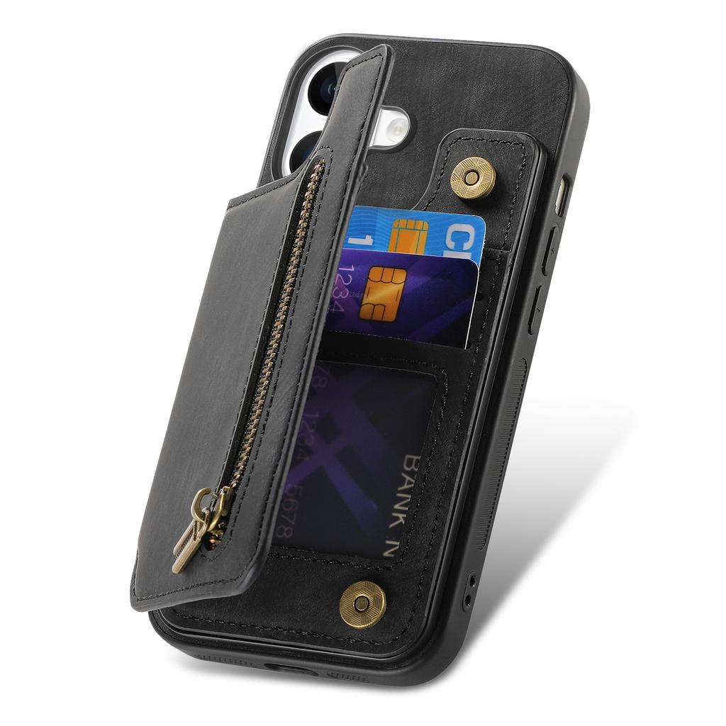 For iPhone 16 Pro Case with Card Holder Retro Leather+TPU Zipper Phone Cover