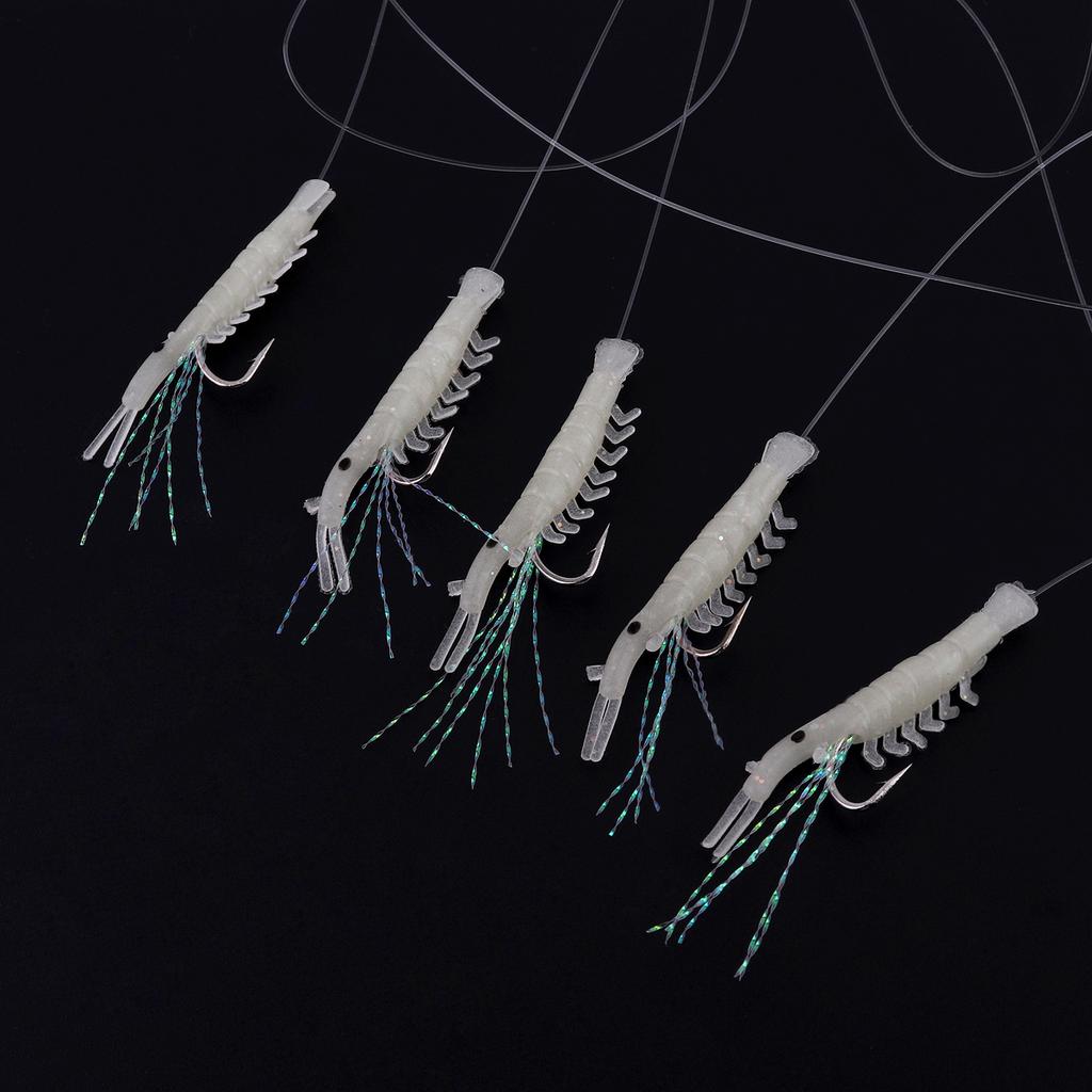 6 Pack Glow in Dark Saltwater Shrimp String Hooks 5 Hooks High Visibility Pre-Rigged 1-6 Mixed Sizes Fishing Lure Bait Tackle Kit